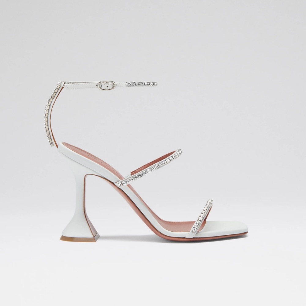 Amina Muaddi Gilda Sandal in White Napa Leather and Crystals